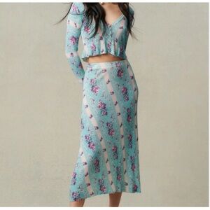 LoveShackFancy Aqua and Pink Floral Midi Skirt